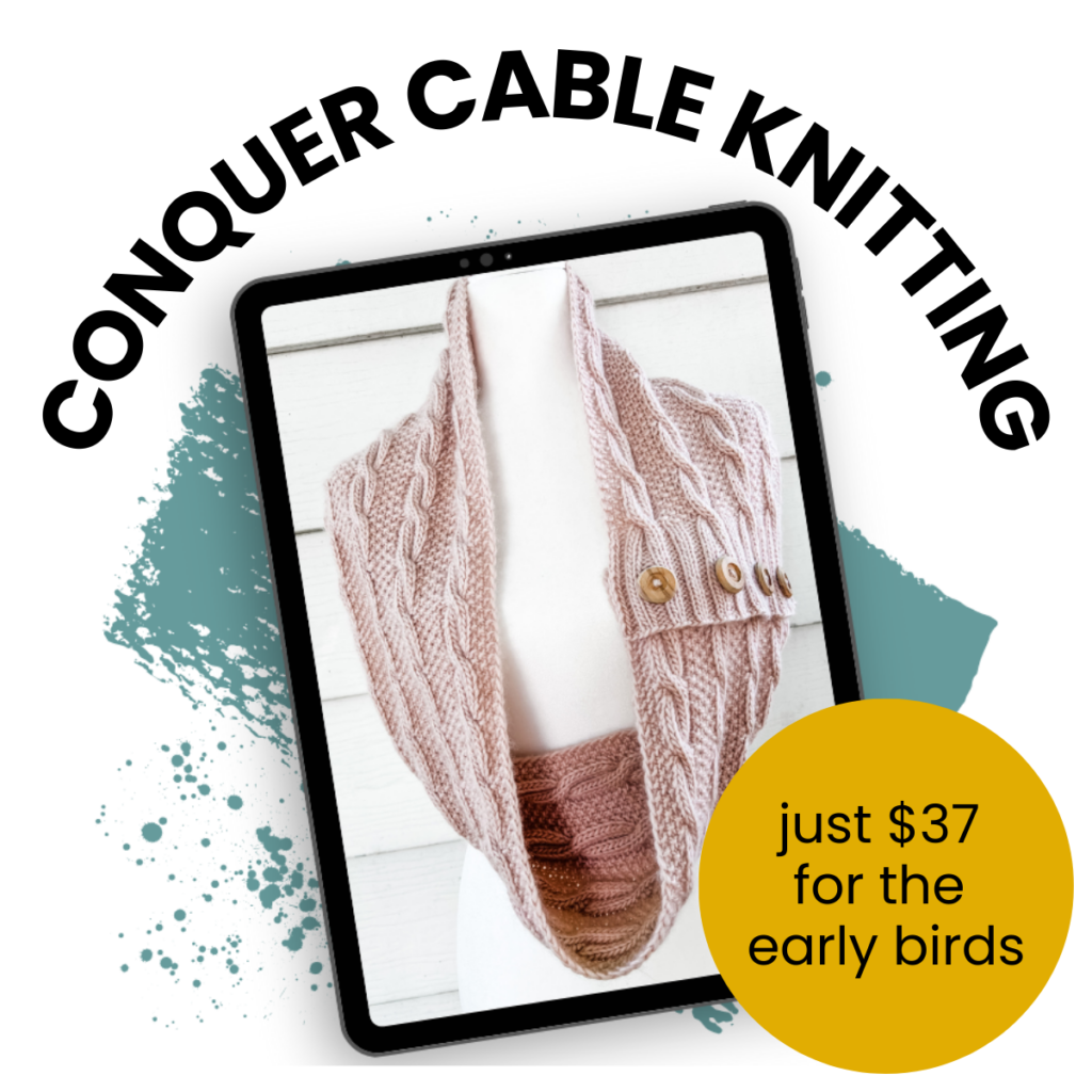 A tablet with a photo of a pink cabled cowl and the text Conquer Cable Knitting Challenge Workshop - just $37 for the early birds.