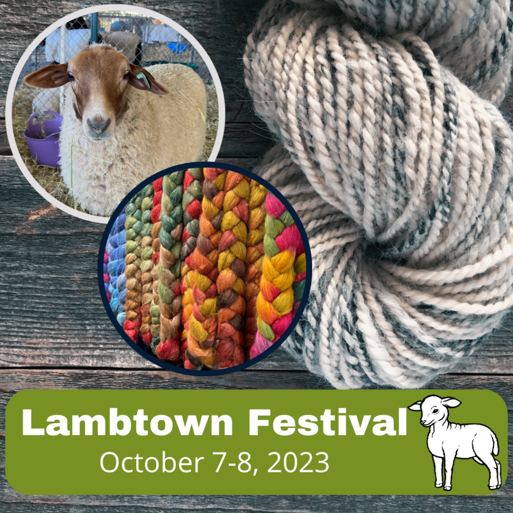 A cute sheep, some colorful braids of yarn, and a handspun grey-white marled skein of yarn, with Lambtown Festival dates Oct 7-8 2023.