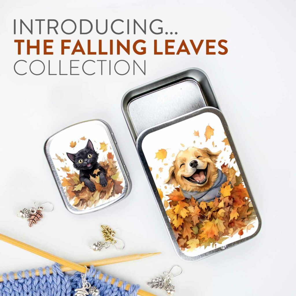 Images of a dog and cat in a leaf pile on silver tins and the words Introducing the falling leaves collection.