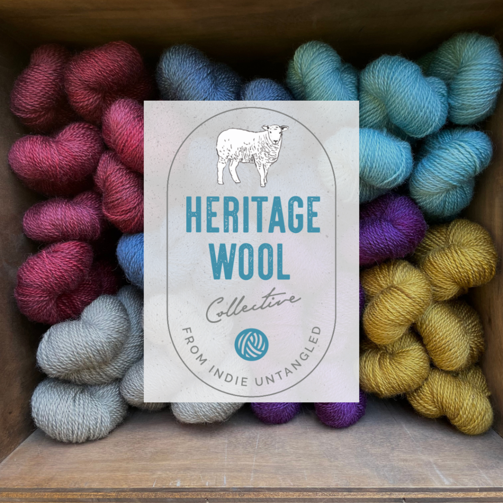 Colorful yarn in a cube and the Heritage Wool Collective logo.