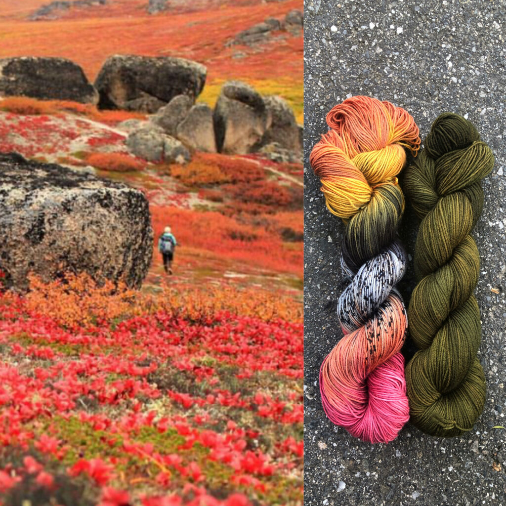 A hiker in a fall landscape and yarn in shades of orange, yellow, green, black, white, peach and hot pink, with a full skein of mossy green yarn.