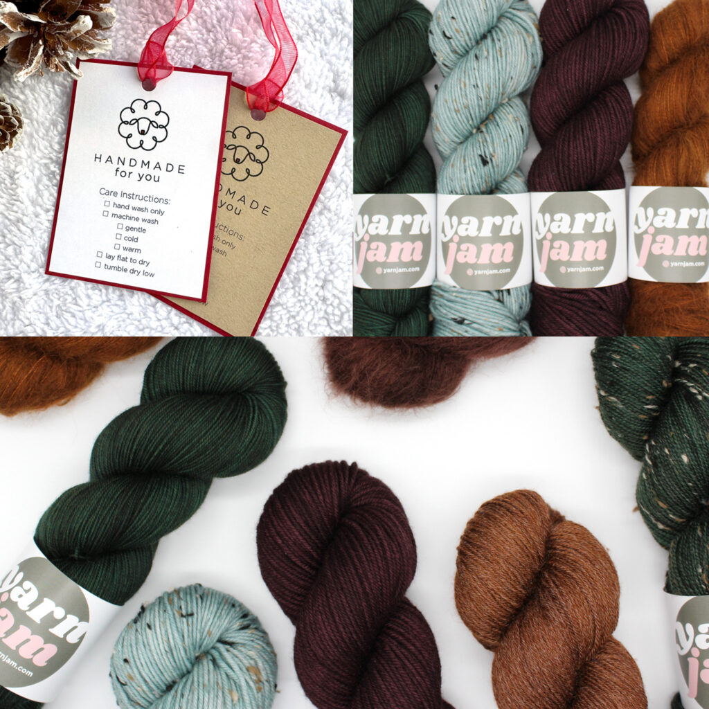 Collage of gift tags and skeins of green, aqua, plum and aqua yarn on various yarn bases.
