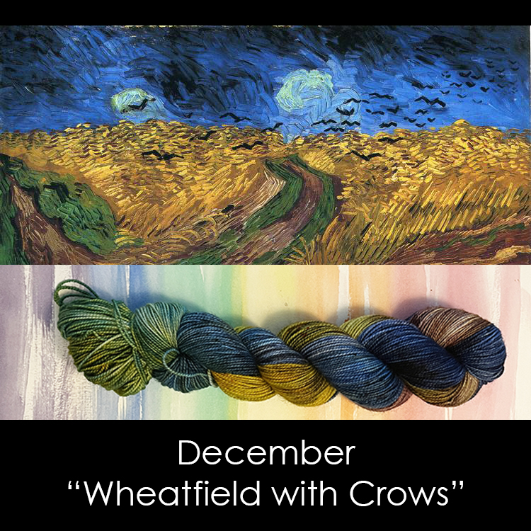 A blue and gold painting with blue and gold yarn and the text December Wheatfield with Crows.