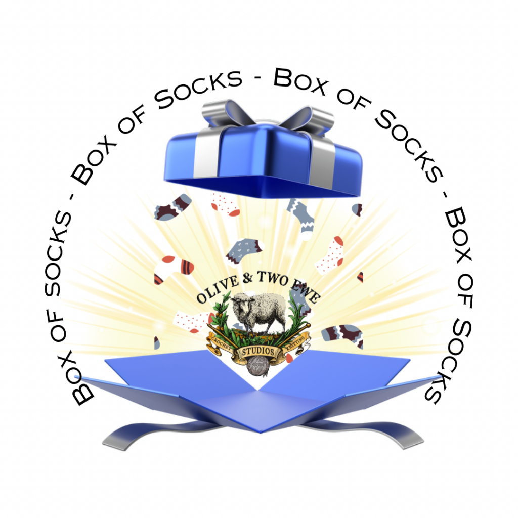 A drawing of a blue and white box exploding with socks and the text Box of Socks repeated around the image.