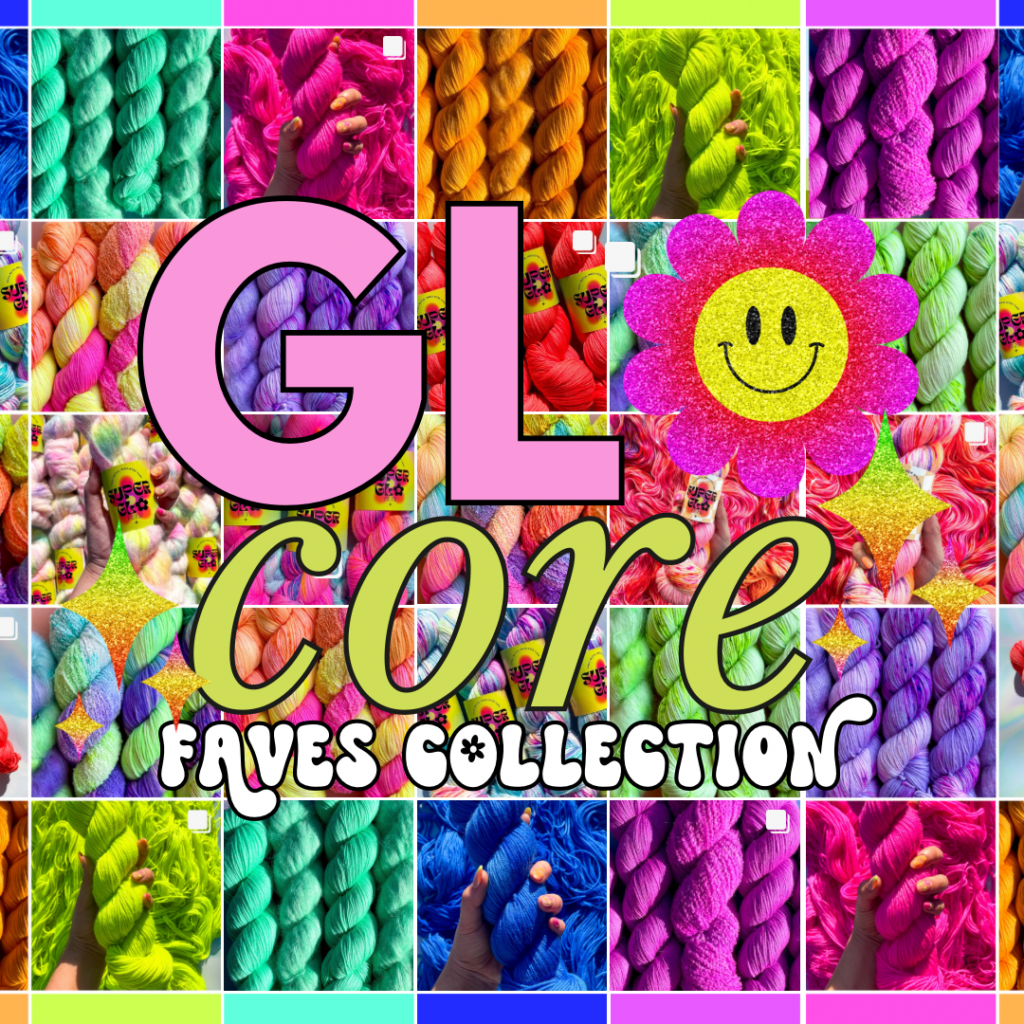 The text GLOCORE Faves Collection in ‘70s font over neon yarn.