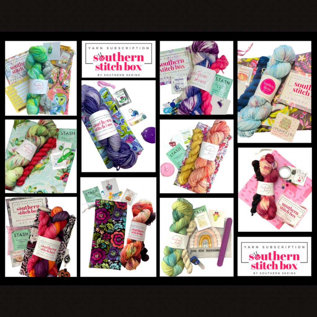 An image collage of skeins of yarn and the text Southern Stitch Box.