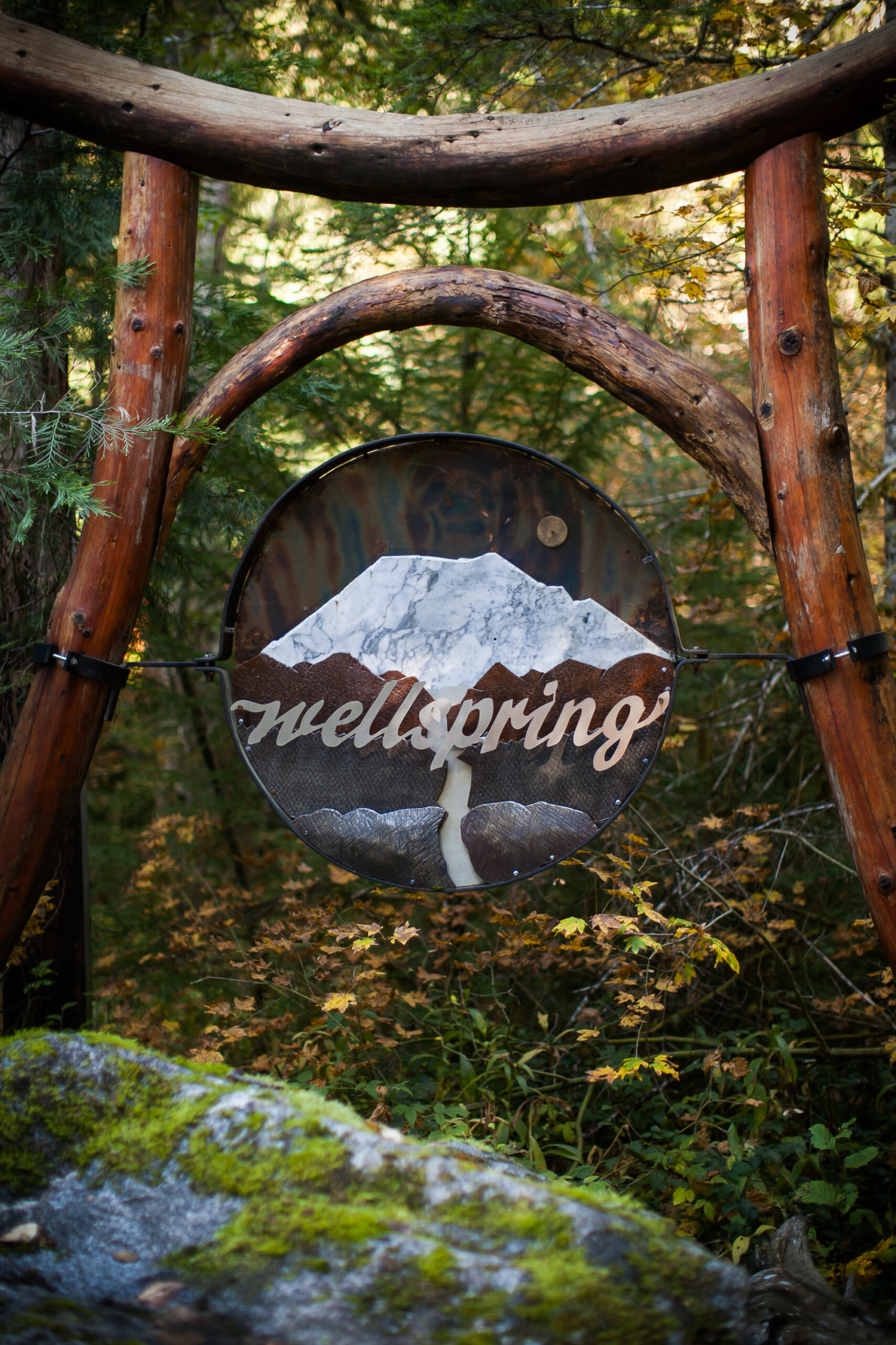 A sign that reads Wellspring in the woods.
