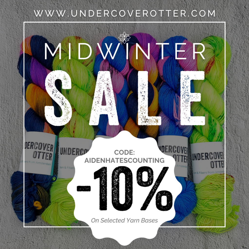A graphic of the words midwinter sale with the text -10% on select yarn bases and the code AidenHatesCounting.
