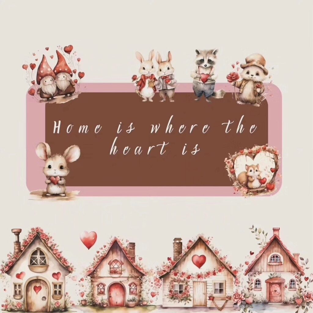 An illustration of houses decorated for Valentine's Day and tiny critters of mice, bunnies, and gnomes with a banner reading "Home is where the heart is."