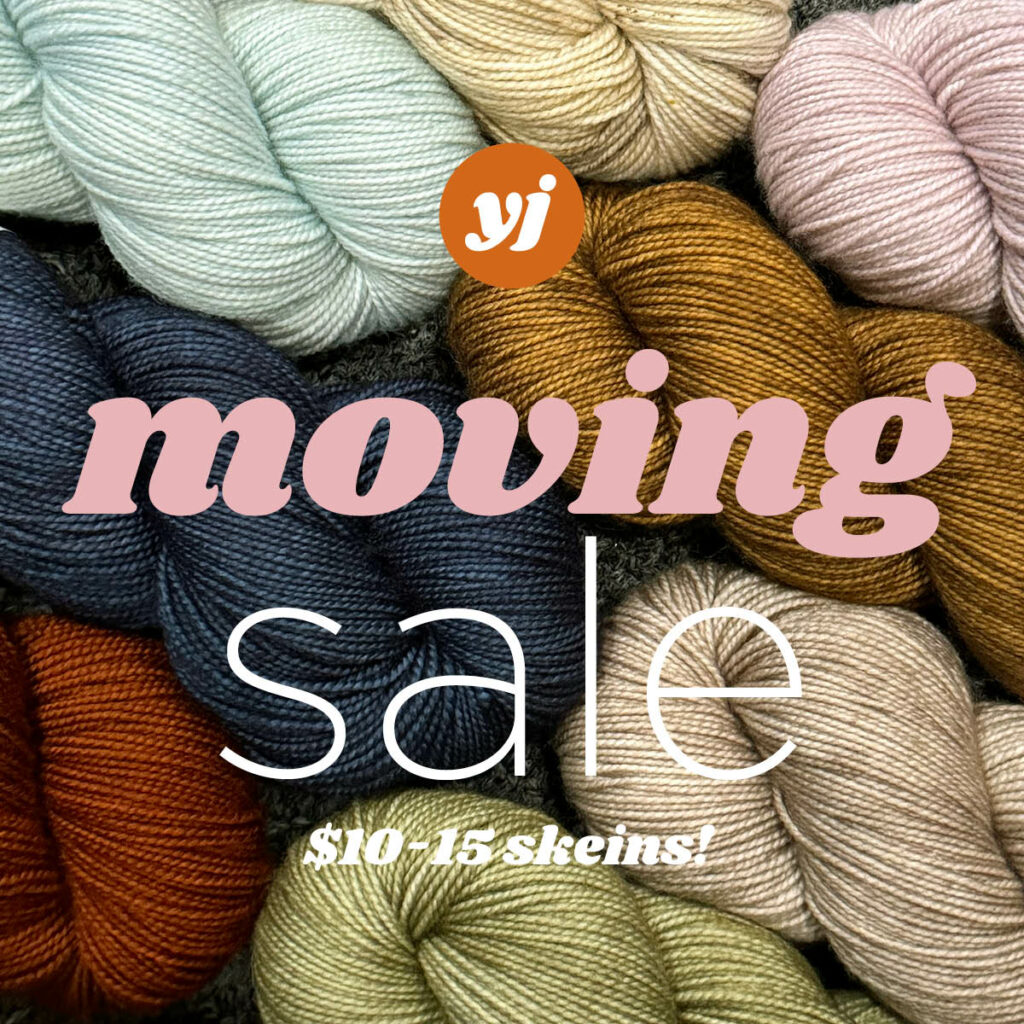 Text overlay: Moving Sale! $10-15 skeins Background: multi colored skeins of yarn.
