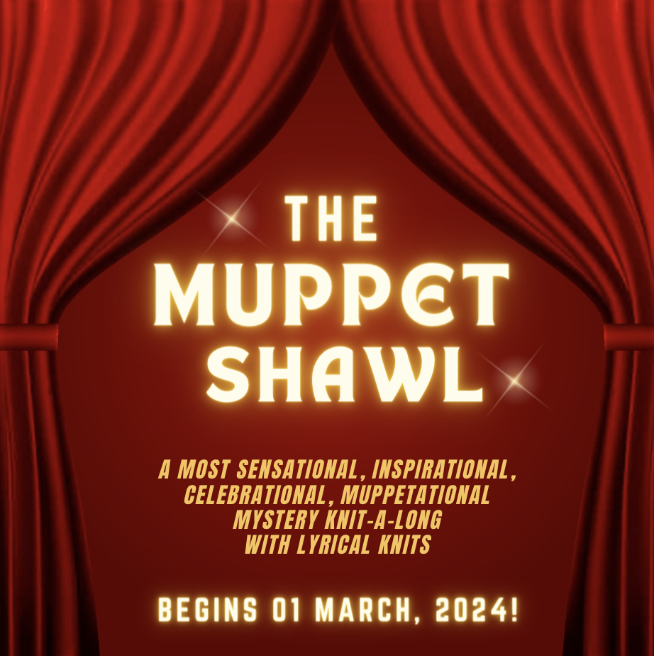 A red velvet cartoon curtain reveals the words "The Muppet Shawl.”