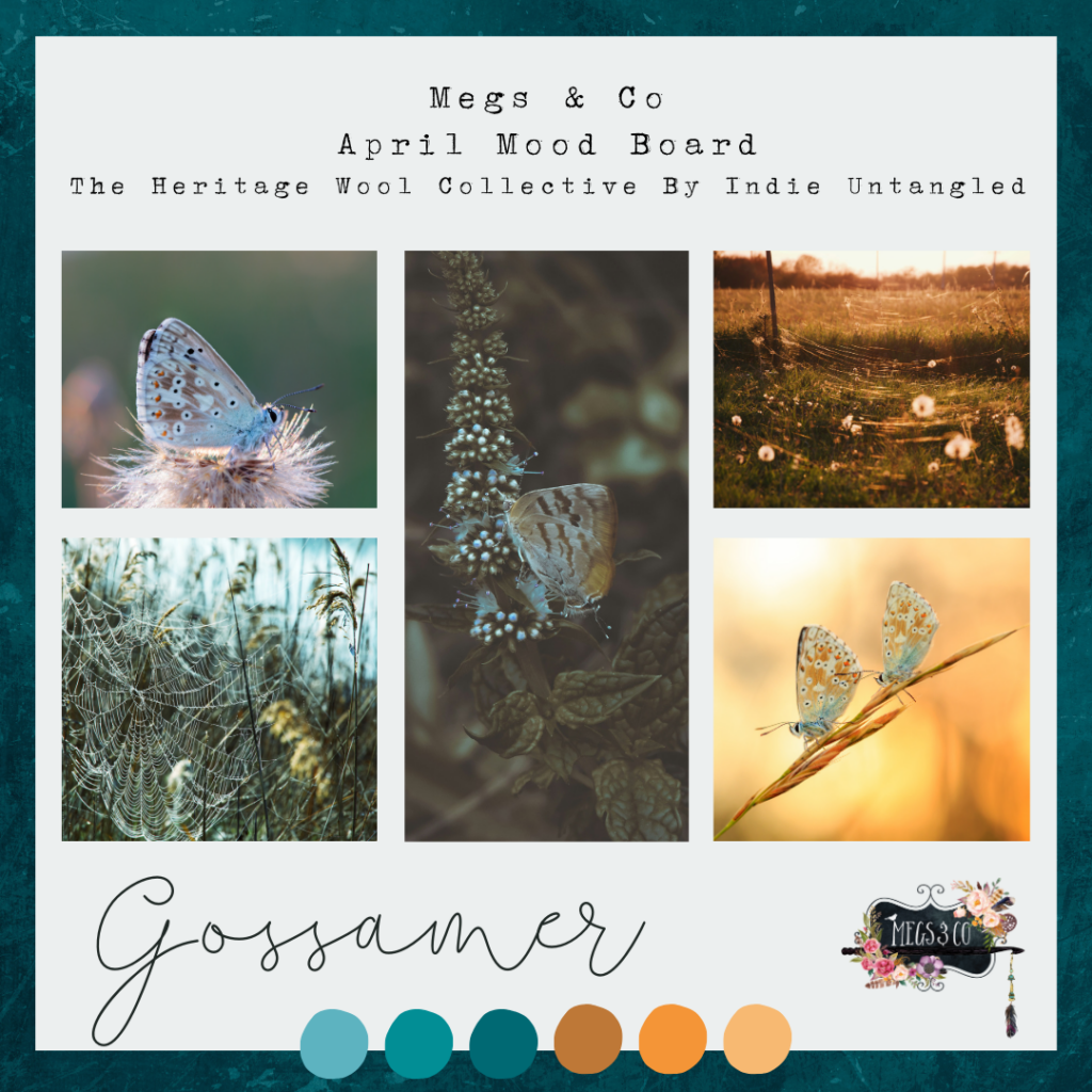 A collage of blue moth images with color swatches of blues and golds. The text Megs & Co April Mood Board, The Heritage Wool Collective By Indie Untangled, Gossamer.