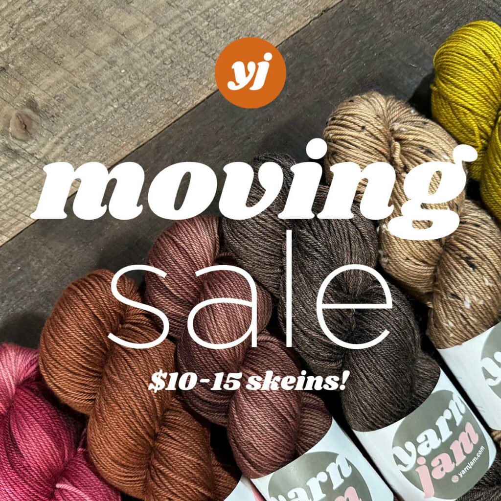 The text Moving Sale $10-15 Skeins over a photo of yarn in red, browns, oranges and gold.
