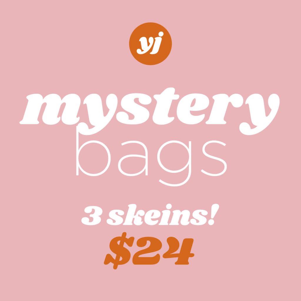Text on pink background. Text: mystery bags. 3 skeins. $24