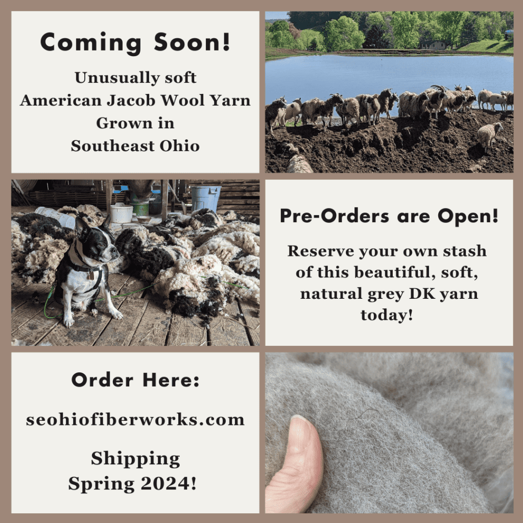 A collage of three images of Jacob sheep, their fleece, and roving with the text Coming Soon, Unusually soft American Jacob Wool Yarn Grown in Southeast Ohio.