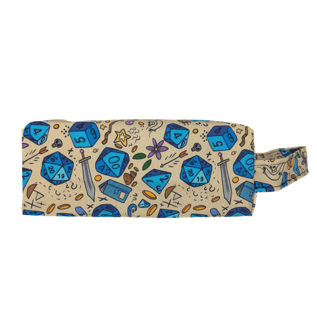 A dungeons and dragons themed, box style project bag.