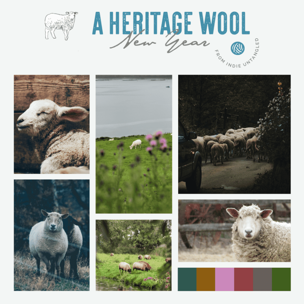 A collage of sheep photos and swatches of teal, gold, purple, burgundy, gray and green. The text A Heritage Wool New Year from Indie Untangled.