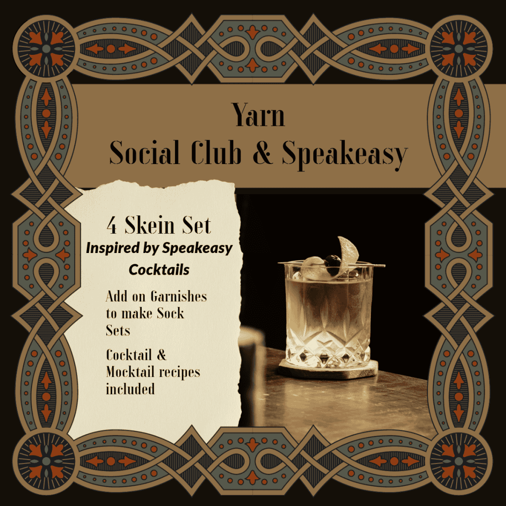 An art deco frame around an iced cocktail and ripped paper and the text Yarn Social Club & Speakeasy.