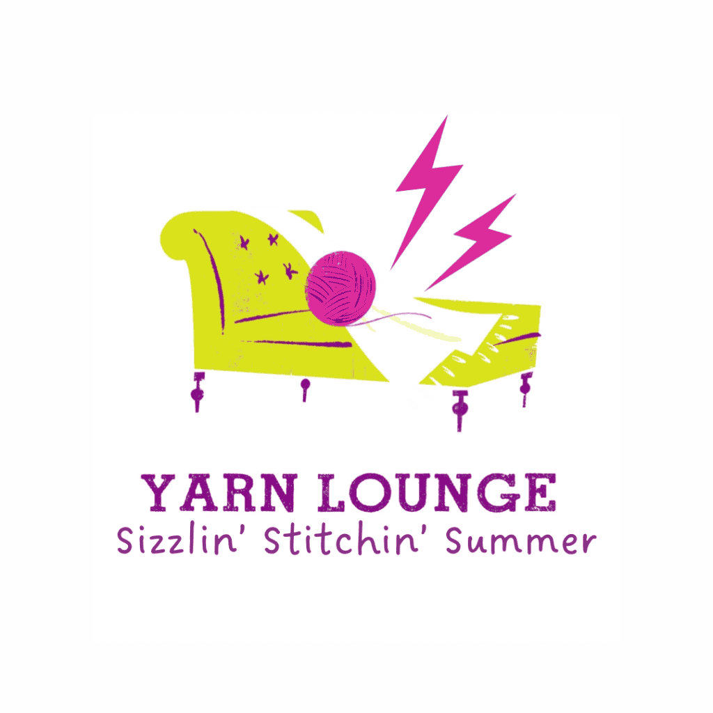 An acid green chaise with a blanket and pink yarn ball with the words Yarn Lounge Sizzlin' Stitchin Summer and two pink lightening bolts.