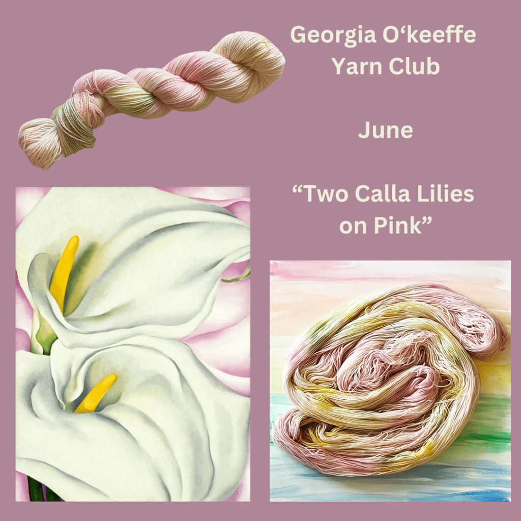 A skein of pink, green and yellow yarn next to a painting of similar colored flowers.