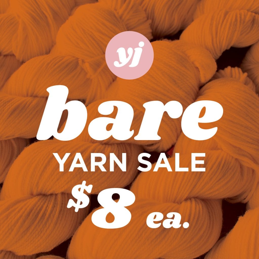 Text: Bare Yarn Sale - $8 ea. Background photo: bare yarn with orange overlay.