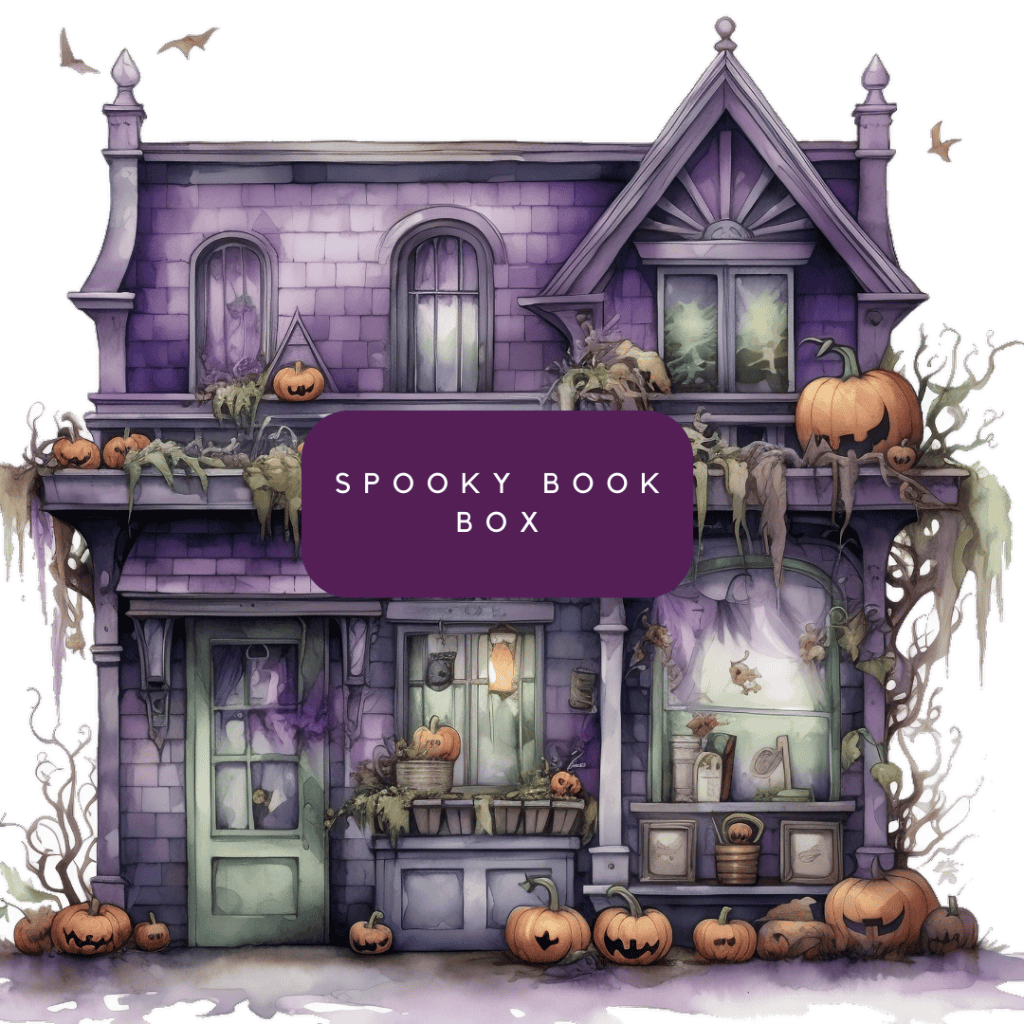 A spooky purple and sage green themed haunted house with carved pumpkins all over and the words spooky book box.