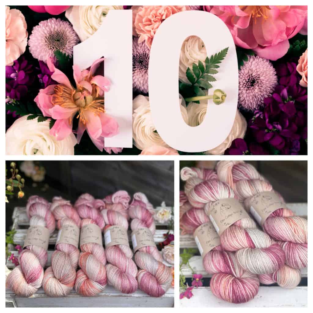 A large white number 10 in the center of a variety of flowers in shades of pink, purple, and white. Skeins of yarn in shades of pink, peach, and cream, with some subtle variations and speckles.