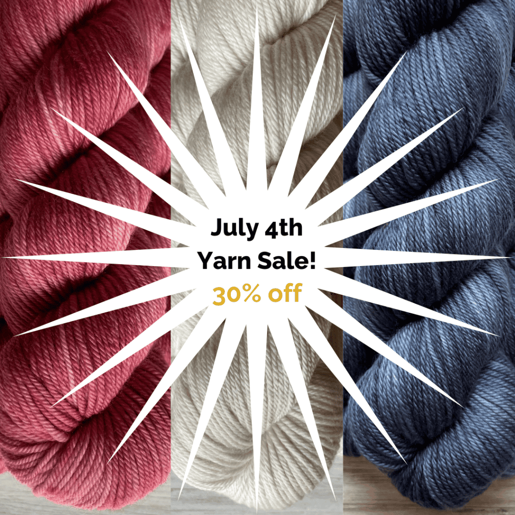 The text July 4th Yarn Sale 30% off over skeins of red, white and blue yarn.