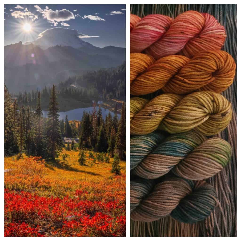 A scenic landscape with a sunlit mountain, a forest, a lake and vibrant autumn foliage in shades of red and orange. Five mini skeins of hand-dyed yarn, echoing the autumn colors of the landscape.