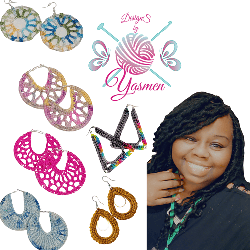 A smiling woman with a dark skin tone and long black hair pictured with her crochet earring creations. The earrings showcase a variety of designs and bright, cheerful colors. The logo "Designs by Yasmen" is prominently placed in the center.