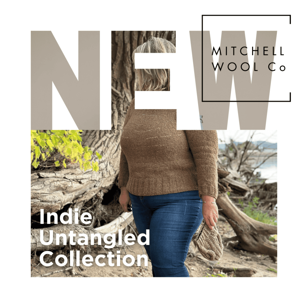 A model is wearing a sweater from the collection, standing outdoors near a tree. The text "NEW" and "Mitchell Wool Co" is overlaid.