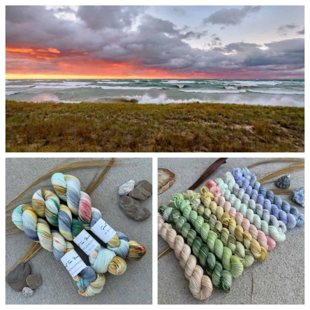 A stunning landscape of the Indiana Dunes during sunset, with a vibrant, fiery red and orange sky meeting the dark, moody clouds. The waves of the lake are turbulent, crashing against the grassy shoreline, capturing the wild beauty of the scene. A close-up image of skeins in a soft, variegated color palette, including shades of cream, teal, mustard, gray, and hints of pink. A set of mini skeins arranged in a gradient of pastel colors, ranging from soft pinks, greens, blues, to yellows.