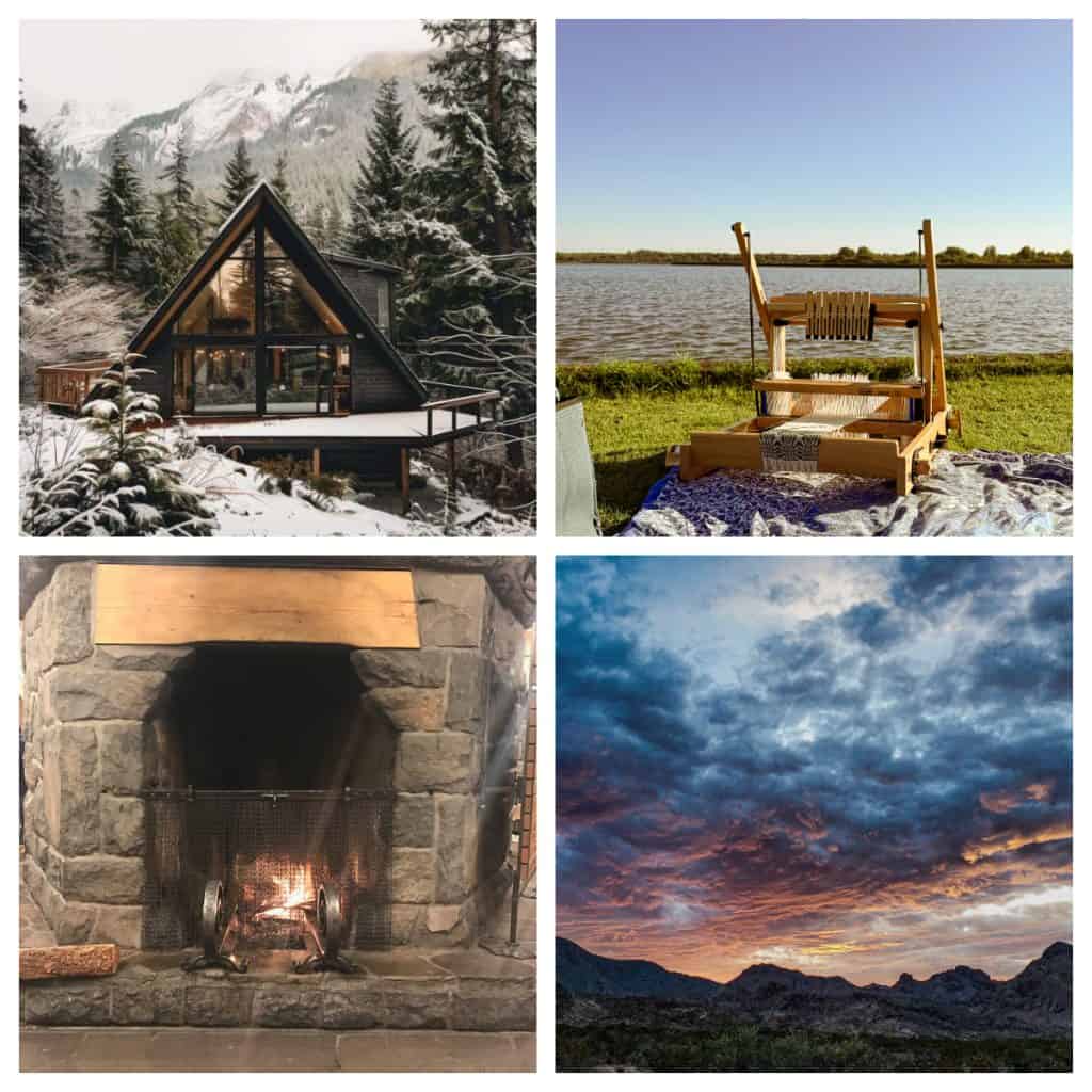 A collage of four images: A cozy A-frame cabin in a snowy forested mountain setting. A wooden weaving loom set up outdoors on a blanket spread out on grass and calm water in the background. A dramatic sunset over a mountain range. The sky is filled with vibrant colors of orange, pink, and purple, contrasted by darker clouds and rugged peaks below. A rustic stone fireplace with a fire burning inside.