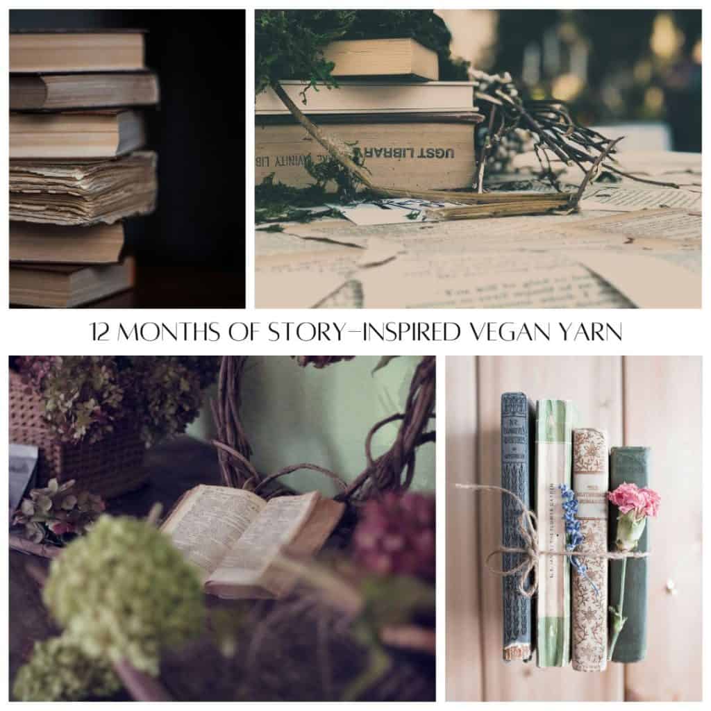 A soft collage of books and flowers. The text 12 months of story-inspired vegan yarns.