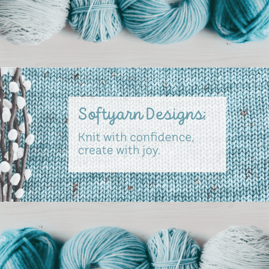 Home page of Softyarn Designs website with text on a knitted background with pussy willows on the left.