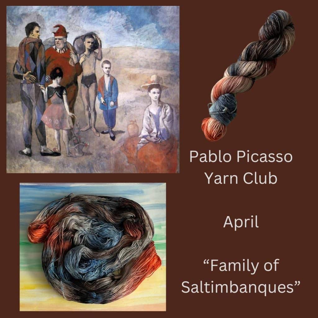A painting of a family of performers paired with red, brown and blue yarns. The text Pablo Picasso Yarn Club April “Family of Saltimbanques.”