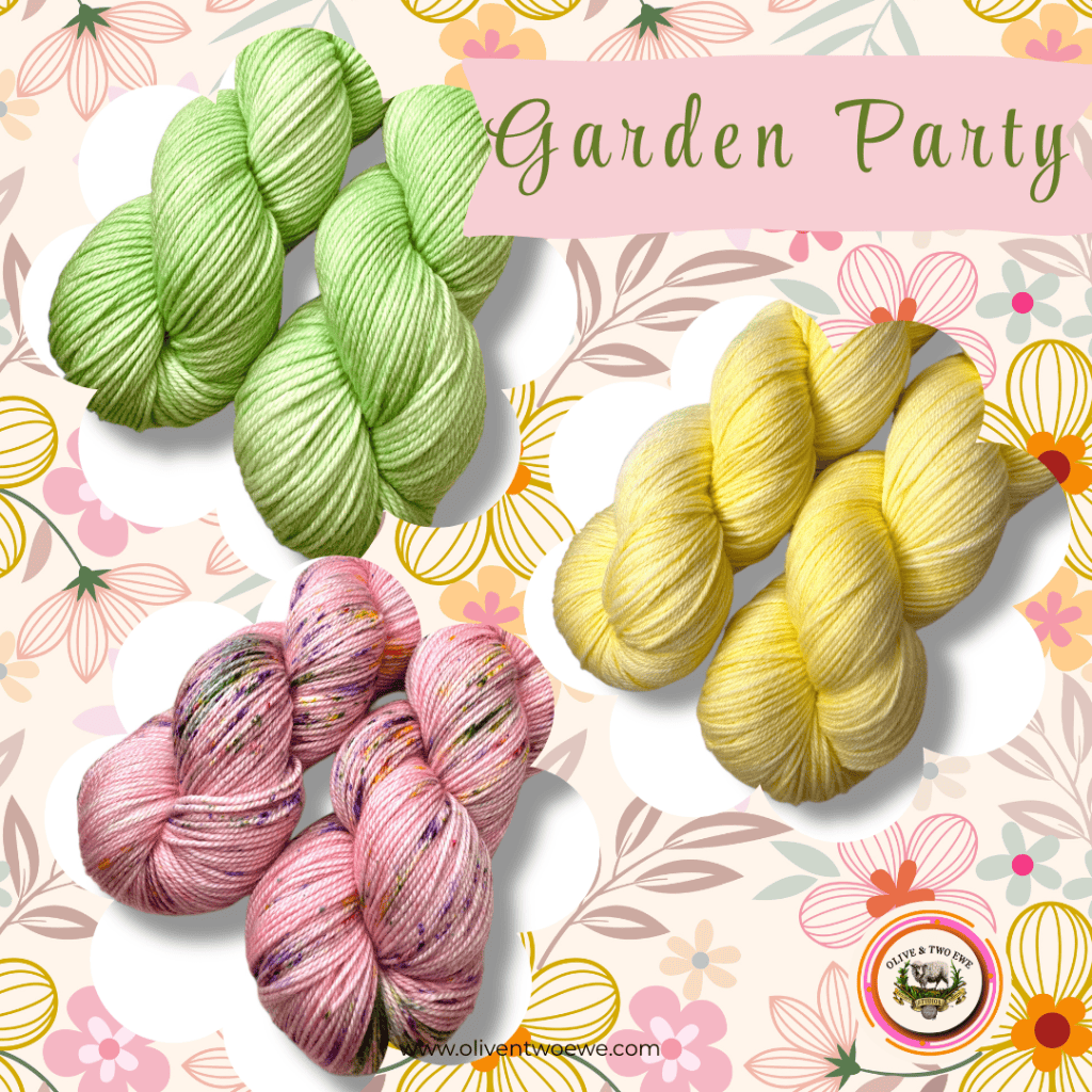 A background of illustrated flowers with a picture of yellow yarn, mint green yarn and pink speckled yarn, and the text Garden Party.