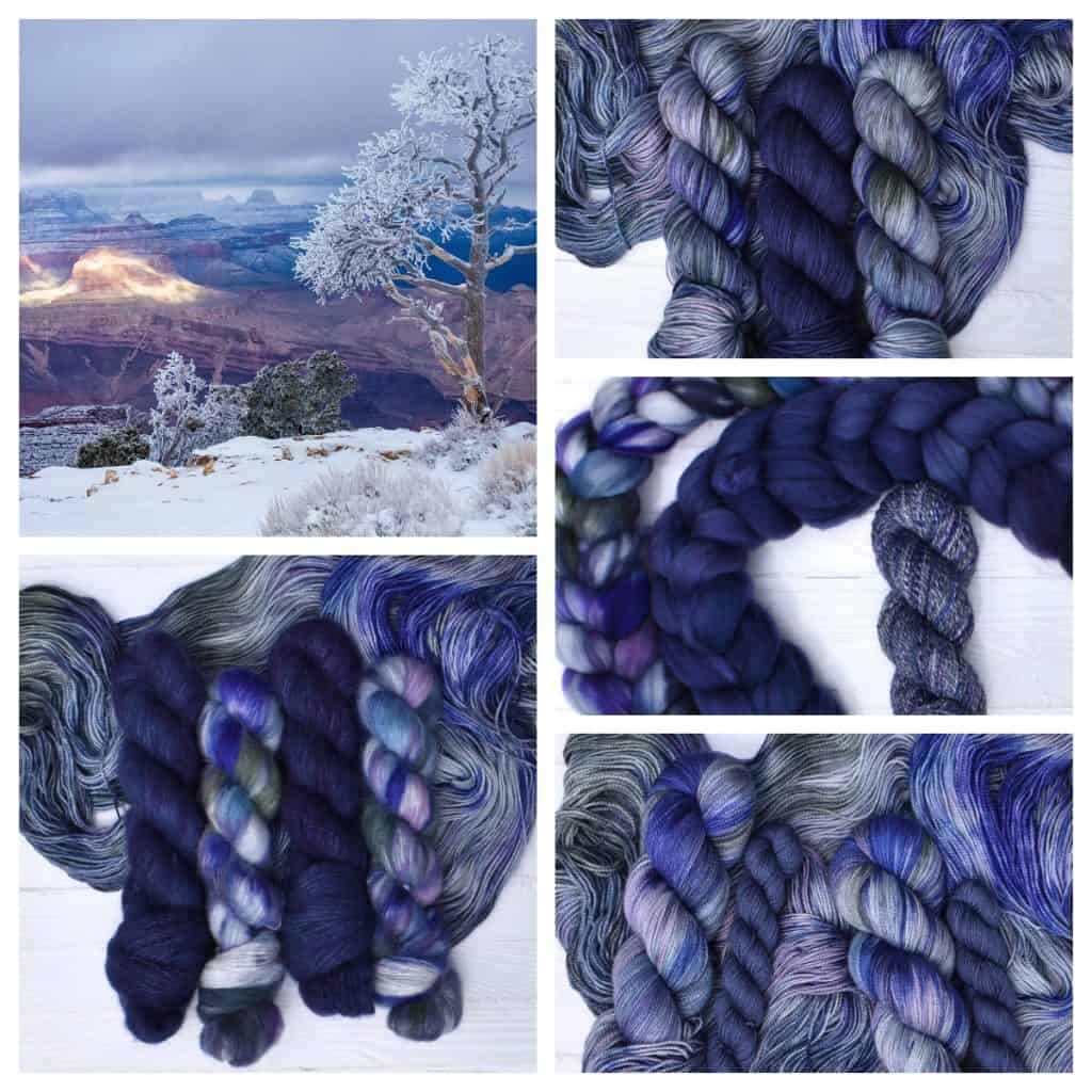 The Grand Canyon covered in snow, with dramatic cliffs and a leafless tree dusted in white frost. Hand-dyed yarn and spinning fiber in shades of navy blue, purple, icy gray, and sage green.