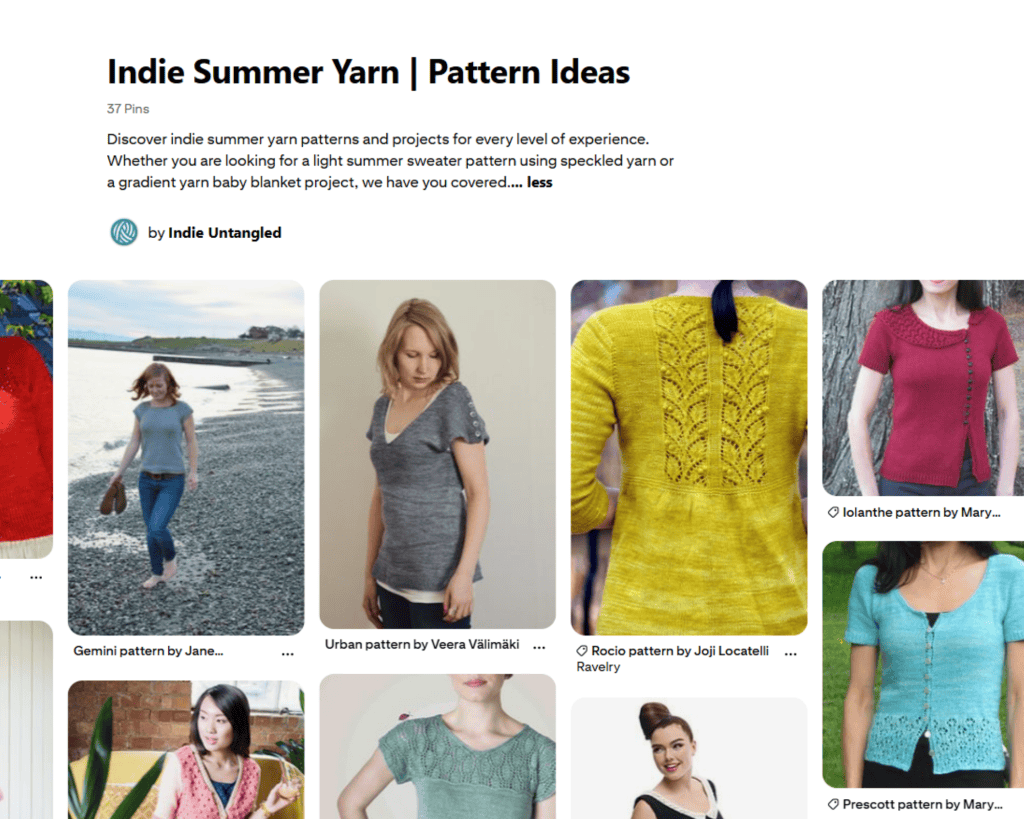 A screenshot of a Pinterest-style page titled “Indie Summer Yarn | Pattern Ideas” shows a grid of knitting pattern photos, including several women modeling lightweight sweaters; visible individuals appear to have light skin tone and medium-light skin tone, wearing short-sleeve knit tops in colors like gray, yellow, red, and teal, with one person walking along a rocky beach and others posing against simple indoor or outdoor backgrounds.