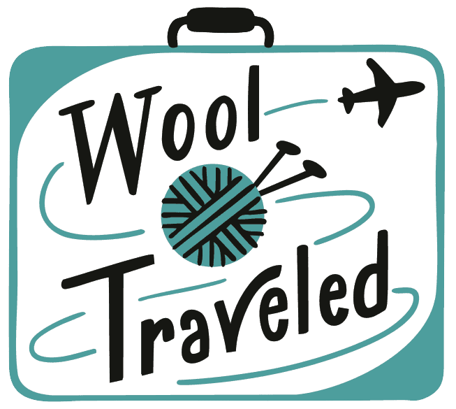 words wool traveled with yarn ball and needles inside of suitcase illustration with a plane