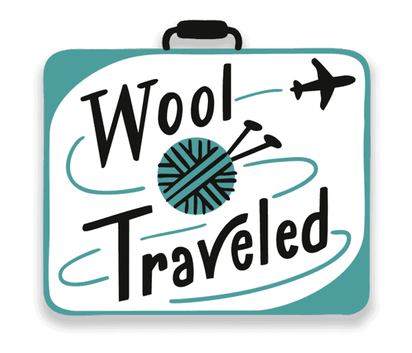 words wool traveled with yarn ball and needles inside of suitcase illustration with a plane