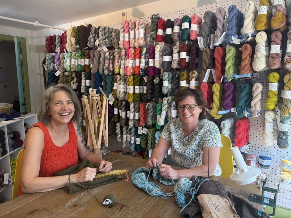 Two smiling women with light skin tone sit at a wooden table knitting, in front of a wall densely covered with colorful hanging yarn skeins.