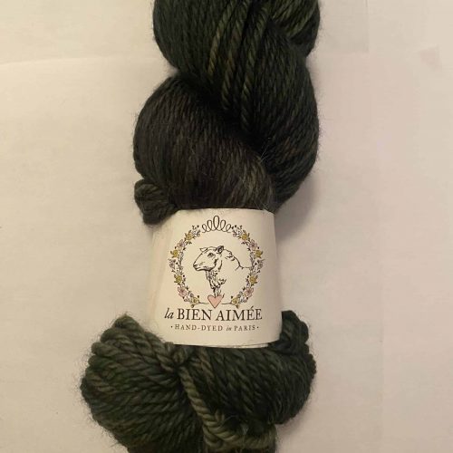A skein of Aran weight dark green yarn.