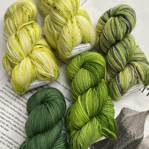 5 skeins of green yarn and shawl pattern.