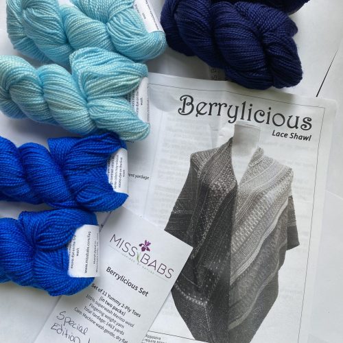 5 skeins of blue yarn and shawl pattern.