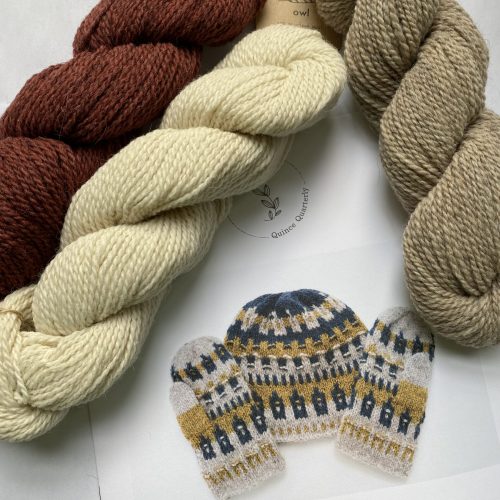 3 skeins of natural, brown and rust yarn with hat & mitten pattern.