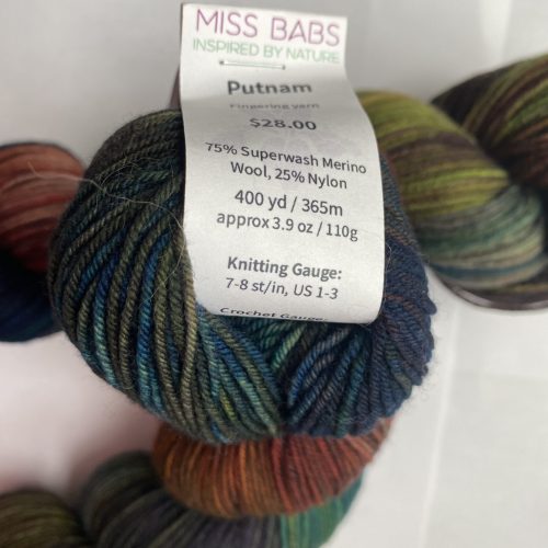 2 skeins variegated yarn in blue, green, brown, burgundy.