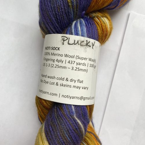 One skein of yarn and purple and rust.