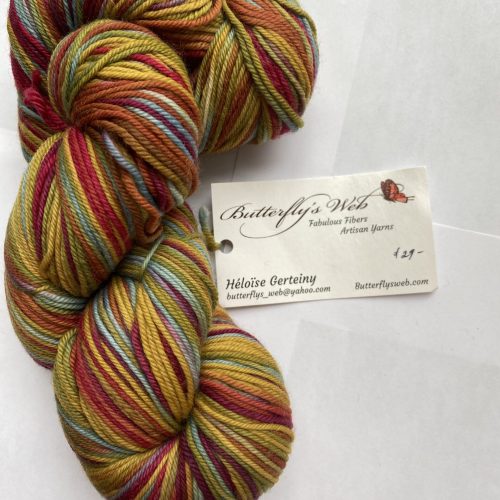 One skein of variegated red, gold and blue yarn.