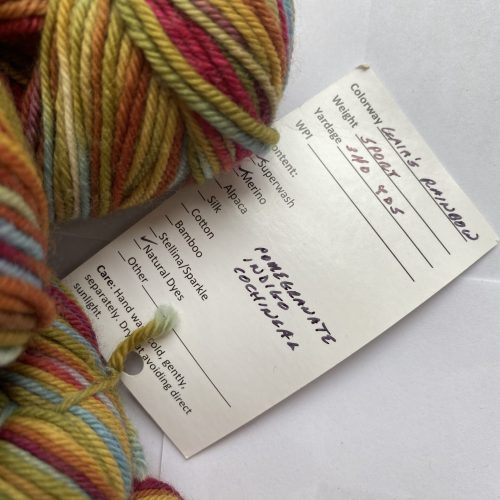 One skein of variegated red, gold and blue yarn.